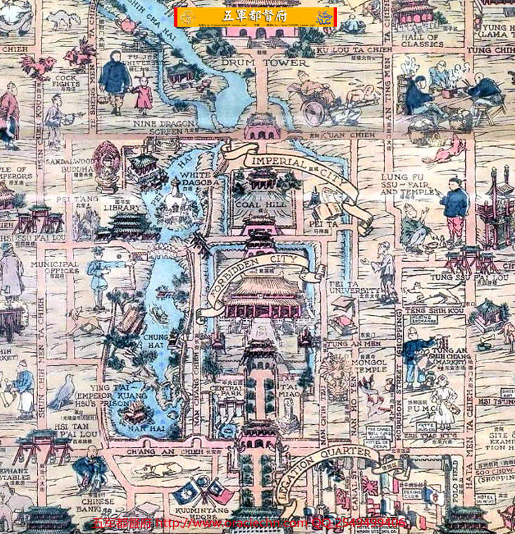 【地图】民国北京城人物动物建筑交通风俗地图(民国25年)