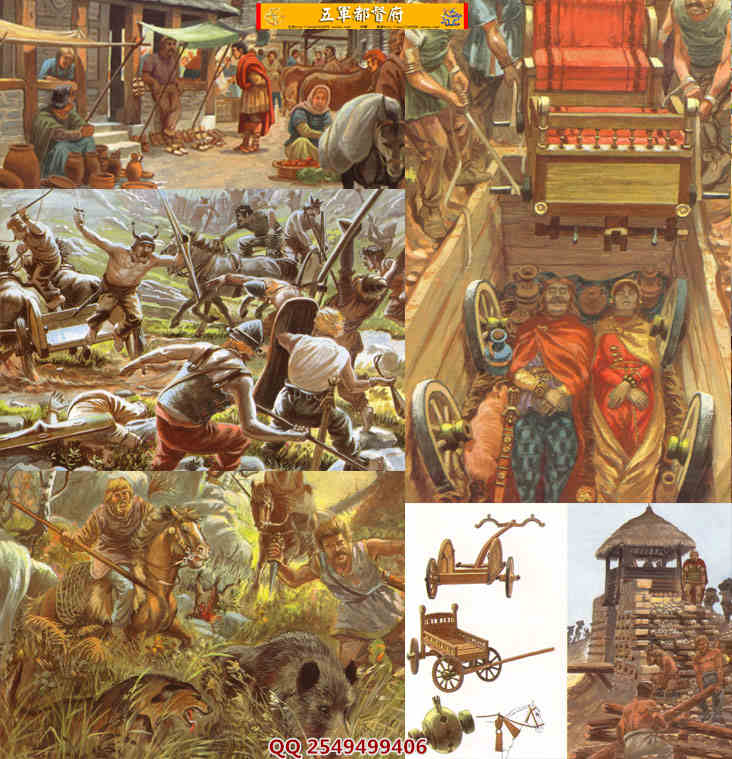 高卢时代武士与平民服饰生活场景插画素材图