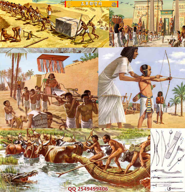 古埃及人士兵与平民服饰生活场景插画素材